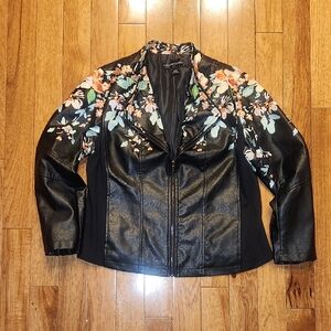 Colleen Lopez Faux Leather Moto Jacket Floral Print Black Size Large